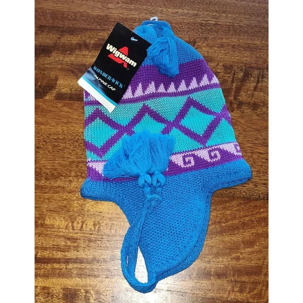 Wigwam Hat Cap Alpine Womens Purple blue Wonder Wick Wool Beanie Made USA Winter